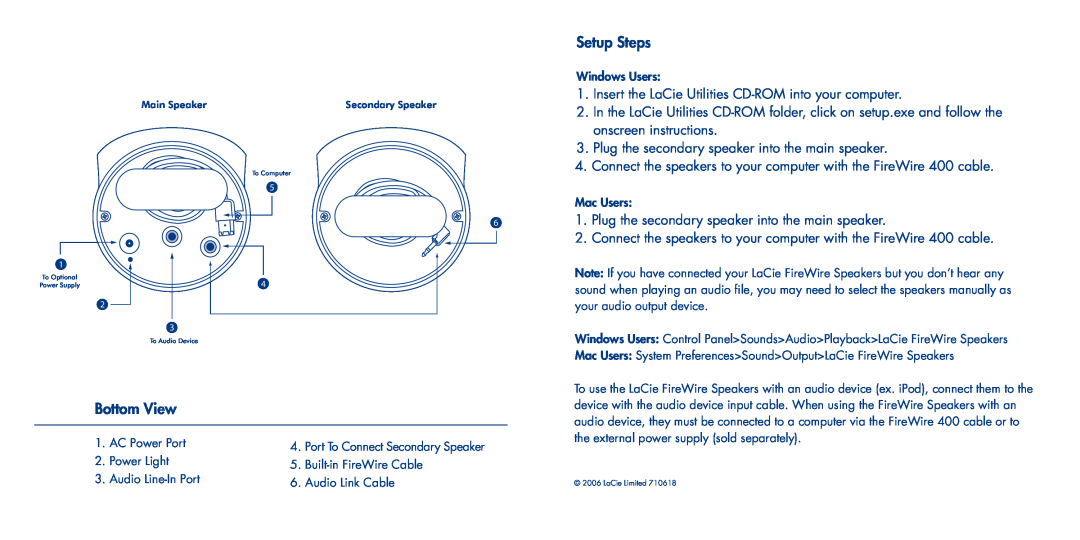LaCie Speaker manual Setup Steps, Bottom View, onscreen instructions, Plug the secondary speaker into the main speaker 
