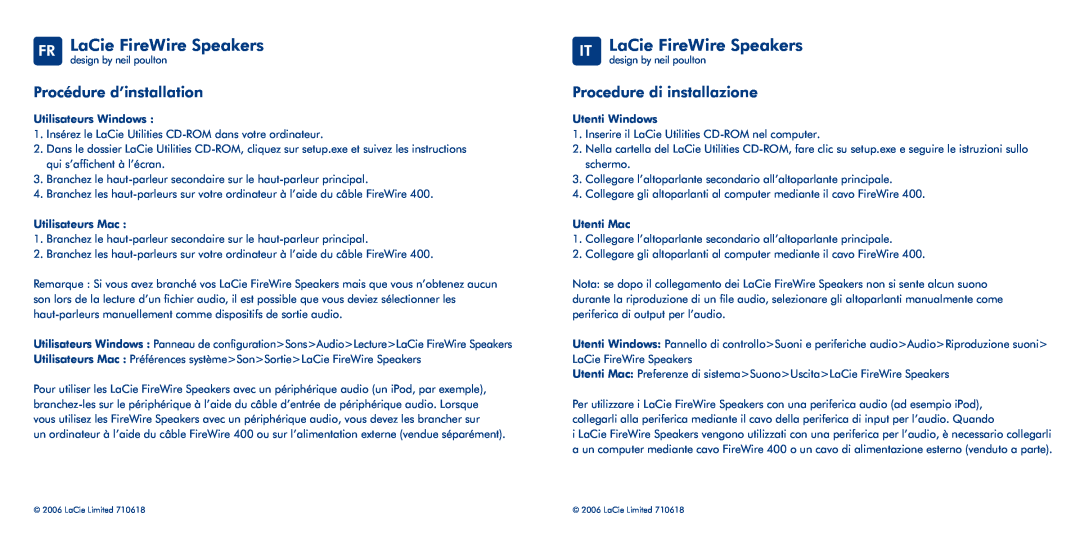 LaCie FR LaCie FireWire Speakers, IT LaCie FireWire Speakers, Procédure d’installation, Procedure di installazione 
