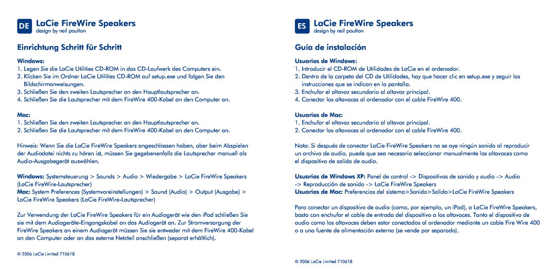 LaCie DE LaCie FireWire Speakers, ES LaCie FireWire Speakers, Einrichtung Schritt für Schritt, Guía de instalación 