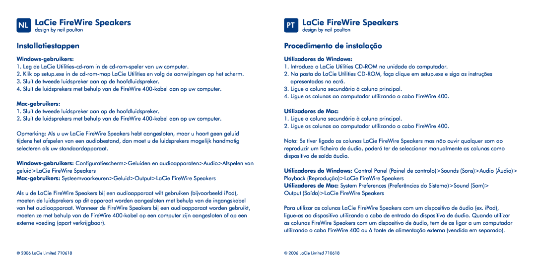 LaCie manual NL LaCie FireWire Speakers, PT LaCie FireWire Speakers, Installatiestappen, Procedimento de instalação 