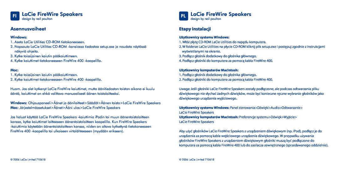 LaCie manual FI LaCie FireWire Speakers, PL LaCie FireWire Speakers, Asennusvaiheet, Etapy instalacji 
