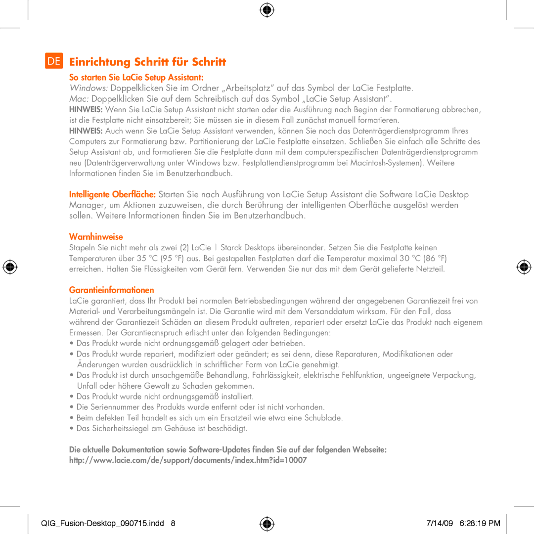 LaCie Starck Desktop manual DE Einrichtung Schritt für Schritt, So starten Sie LaCie Setup Assistant, Warnhinweise 