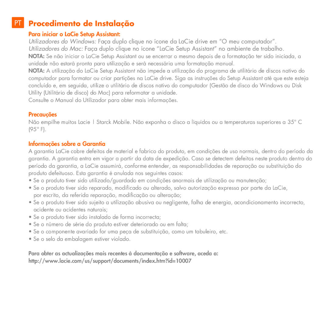 LaCie Starck Mobile manual PT Procedimento de Instalação, Para iniciar o LaCie Setup Assistant, Precauções 