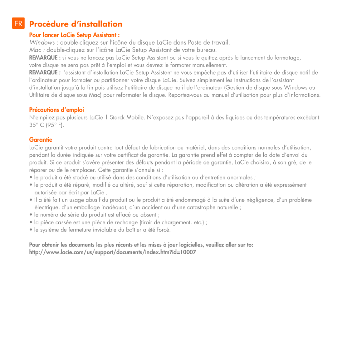 LaCie Starck Mobile manual FR Procédure d’installation, Pour lancer LaCie Setup Assistant, Précautions d’emploi, Garantie 