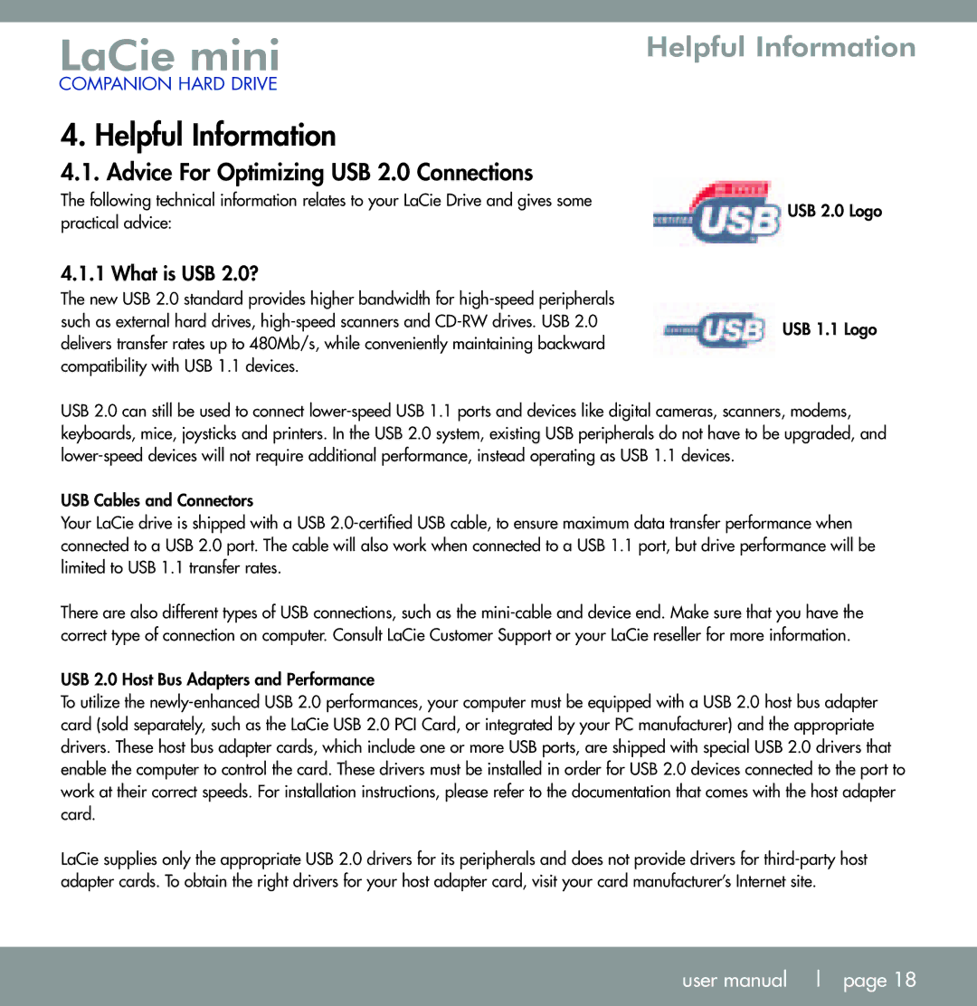 LaCie U S B 2. 0 user manual Helpful Information, Advice For Optimizing USB 2.0 Connections 