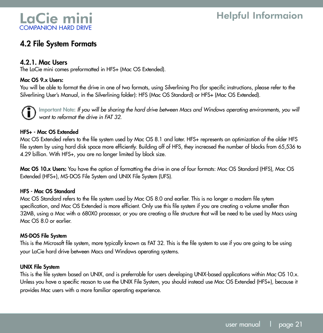 LaCie U S B 2. 0 user manual File System Formats 