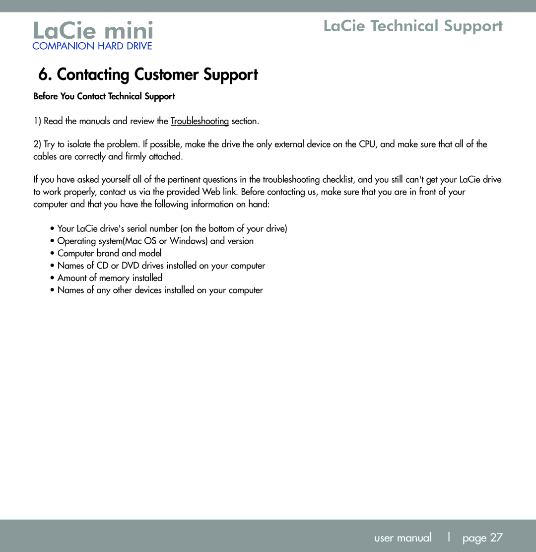 LaCie U S B 2. 0 user manual Contacting Customer Support 