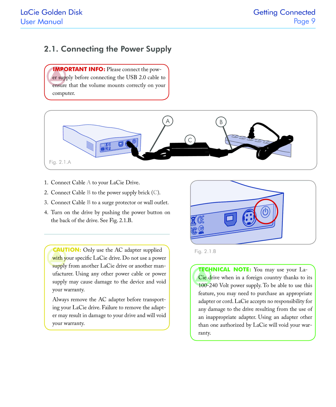 LaCie USB 2.0 user manual Connecting the Power Supply 