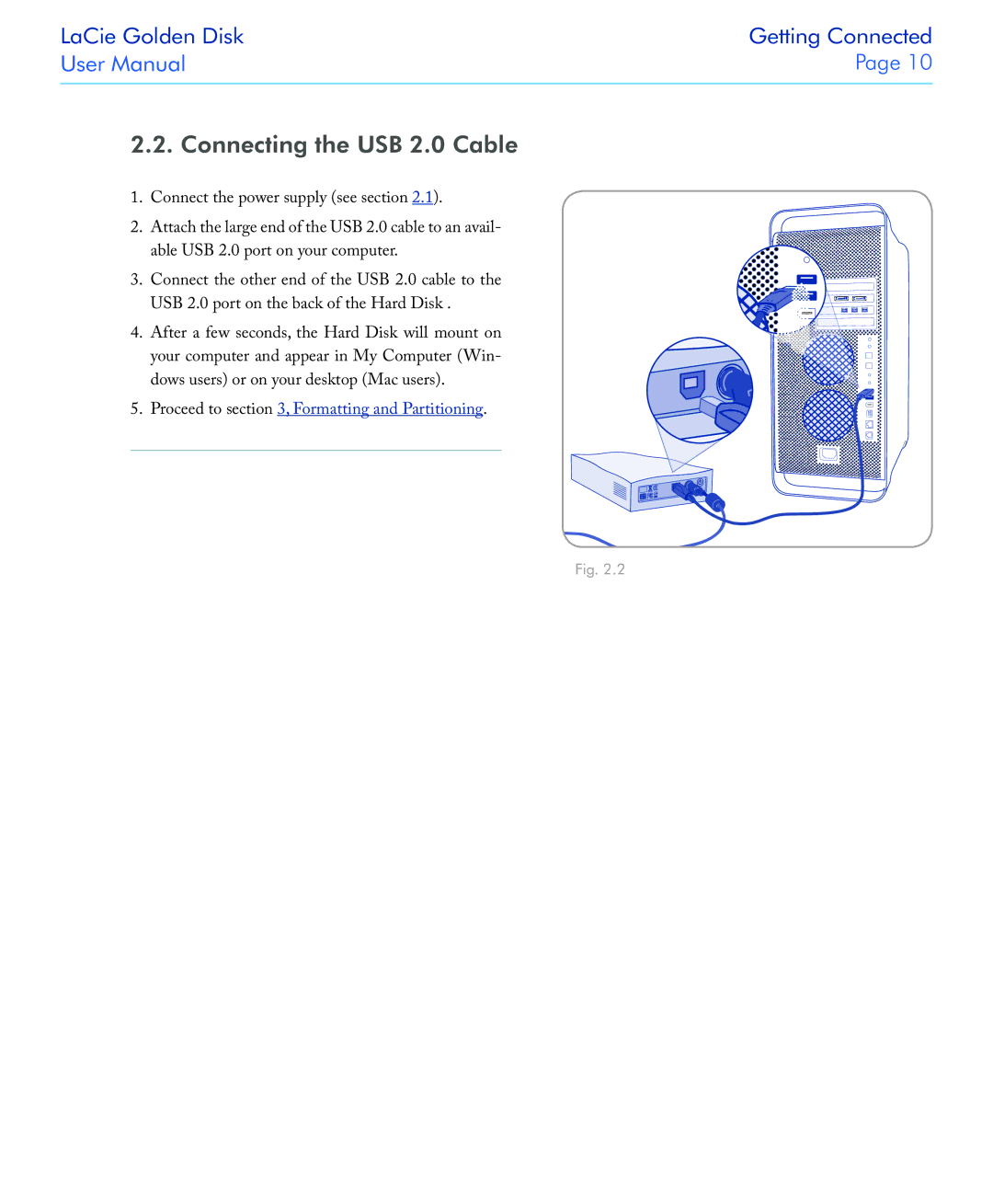 LaCie user manual Connecting the USB 2.0 Cable 