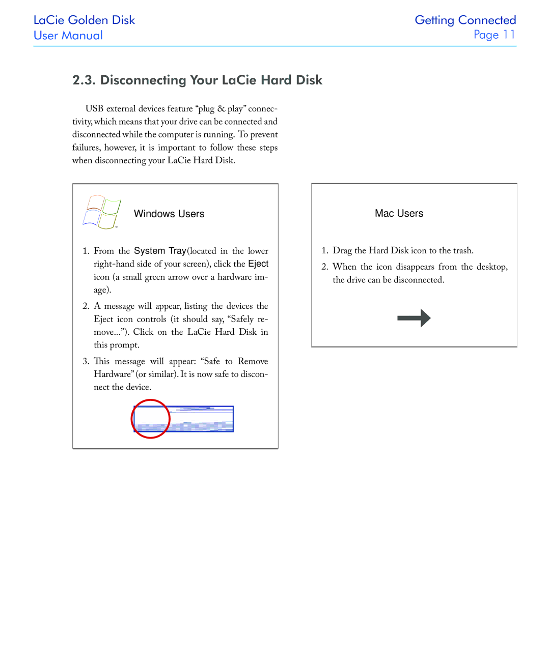 LaCie USB 2.0 user manual Disconnecting Your LaCie Hard Disk, Windows Users 