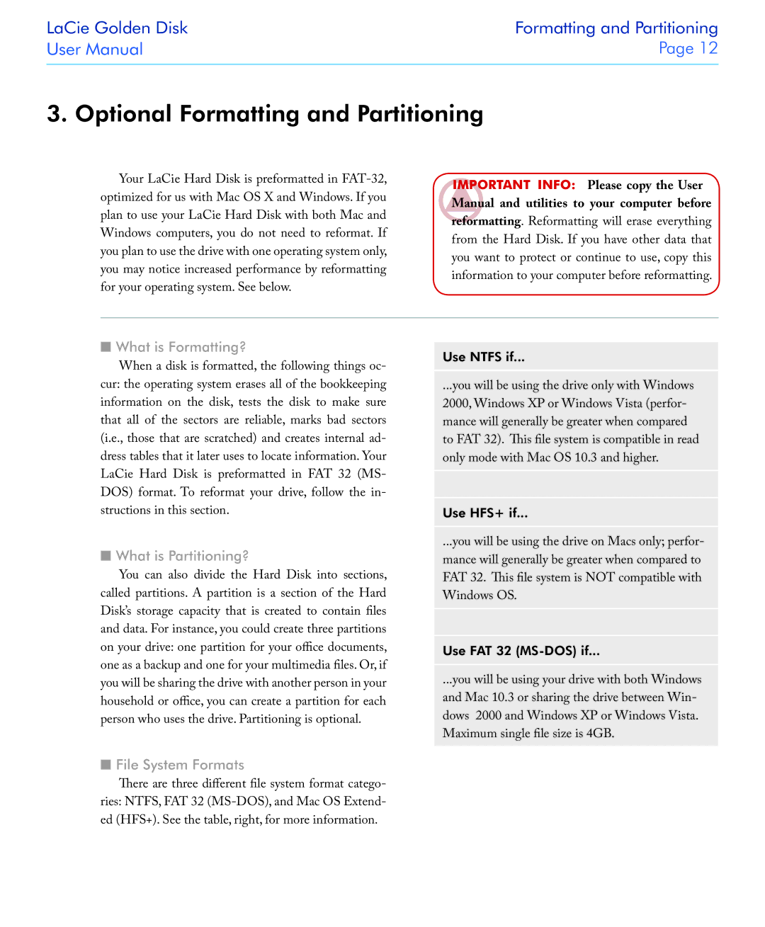 LaCie USB 2.0 Optional Formatting and Partitioning, What is Formatting?, What is Partitioning?, File System Formats 