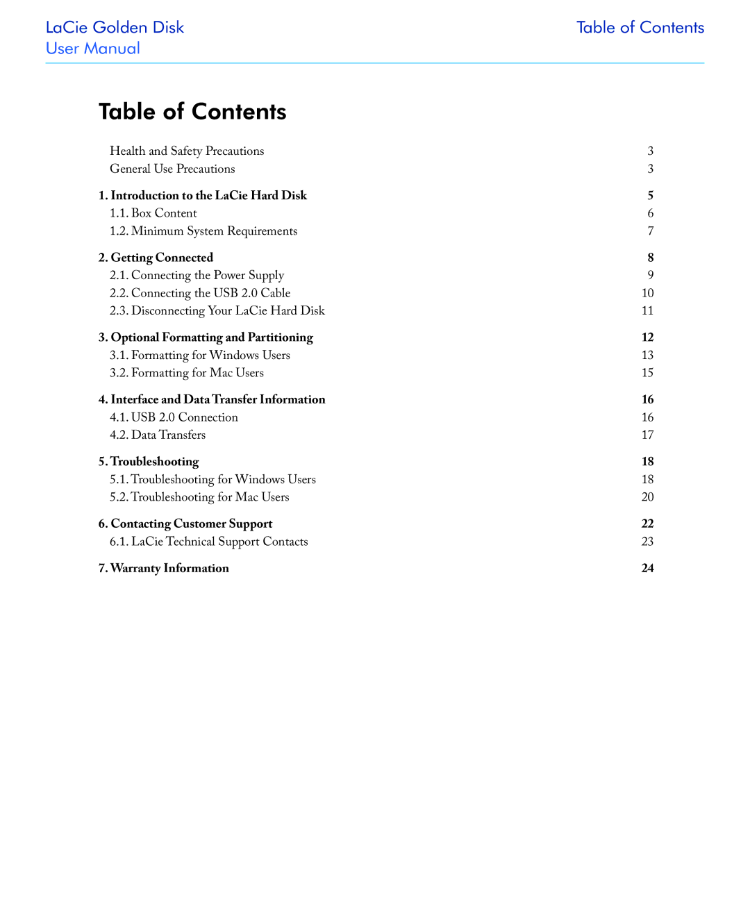 LaCie USB 2.0 user manual Table of Contents 