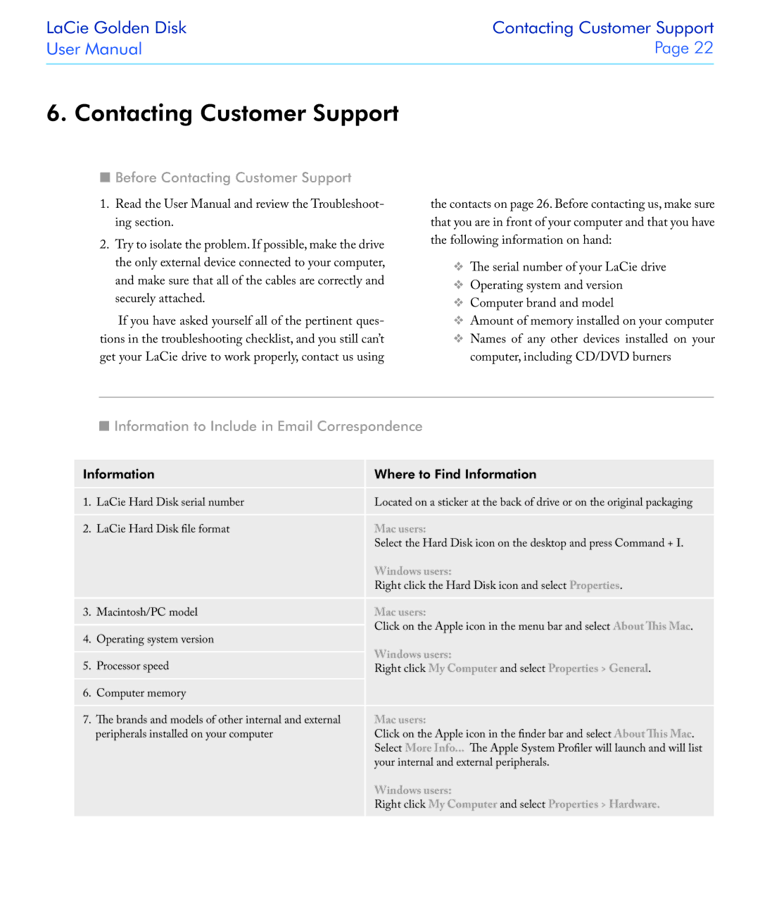 LaCie USB 2.0 user manual Before Contacting Customer Support, Information to Include in Email Correspondence 