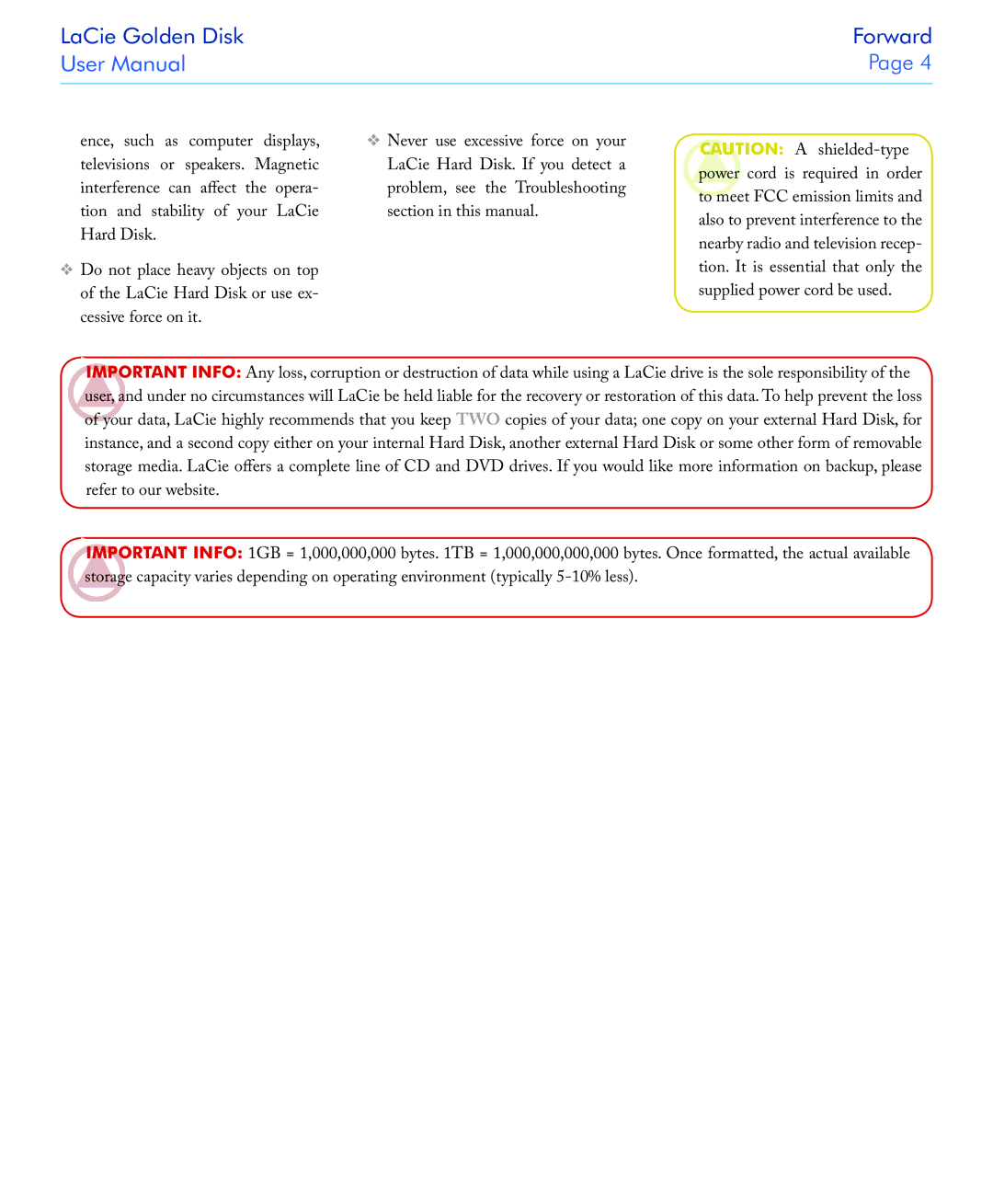 LaCie USB 2.0 user manual LaCie Golden Disk Forward 