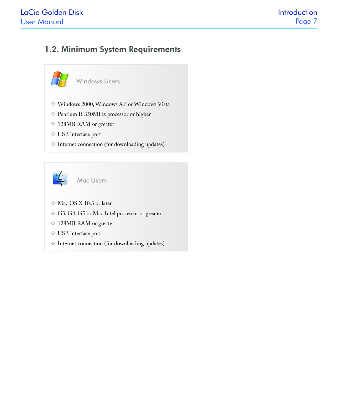 LaCie USB 2.0 user manual Minimum System Requirements, Windows Users, Mac Users 