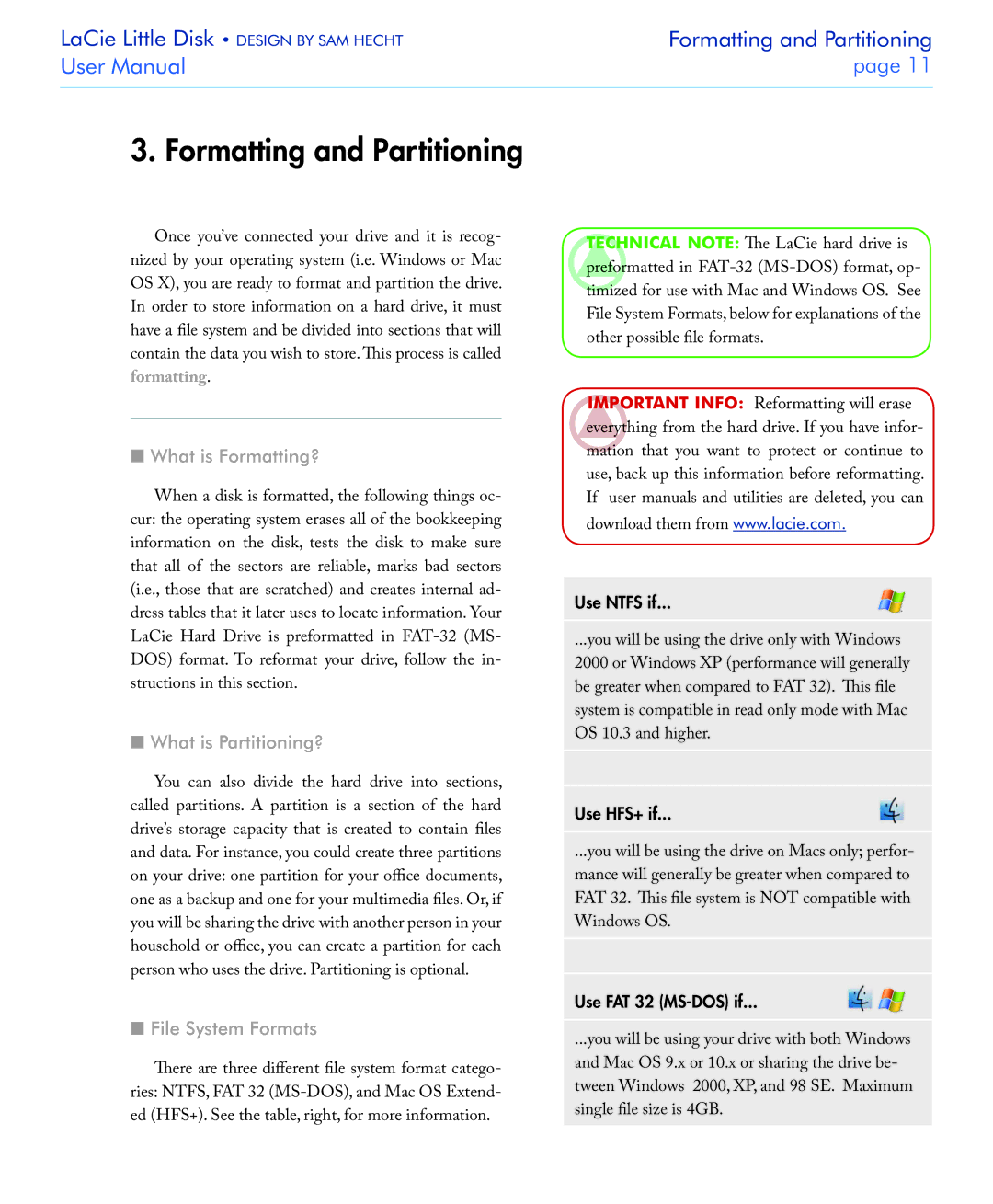 LaCie USB 2.0 user manual Formatting and Partitioning, What is Formatting?, What is Partitioning?, File System Formats 