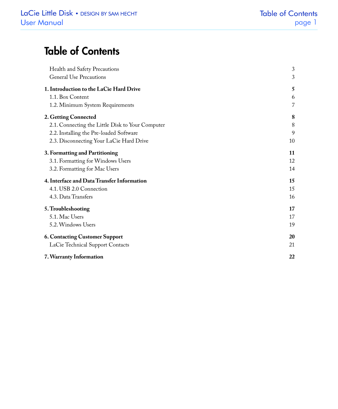 LaCie USB 2.0 user manual Table of Contents 