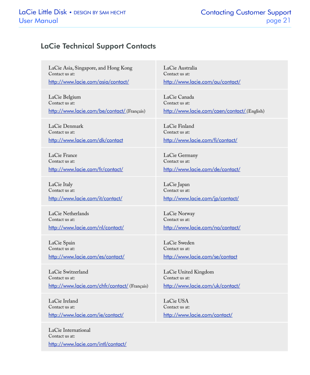 LaCie USB 2.0 user manual LaCie Technical Support Contacts 