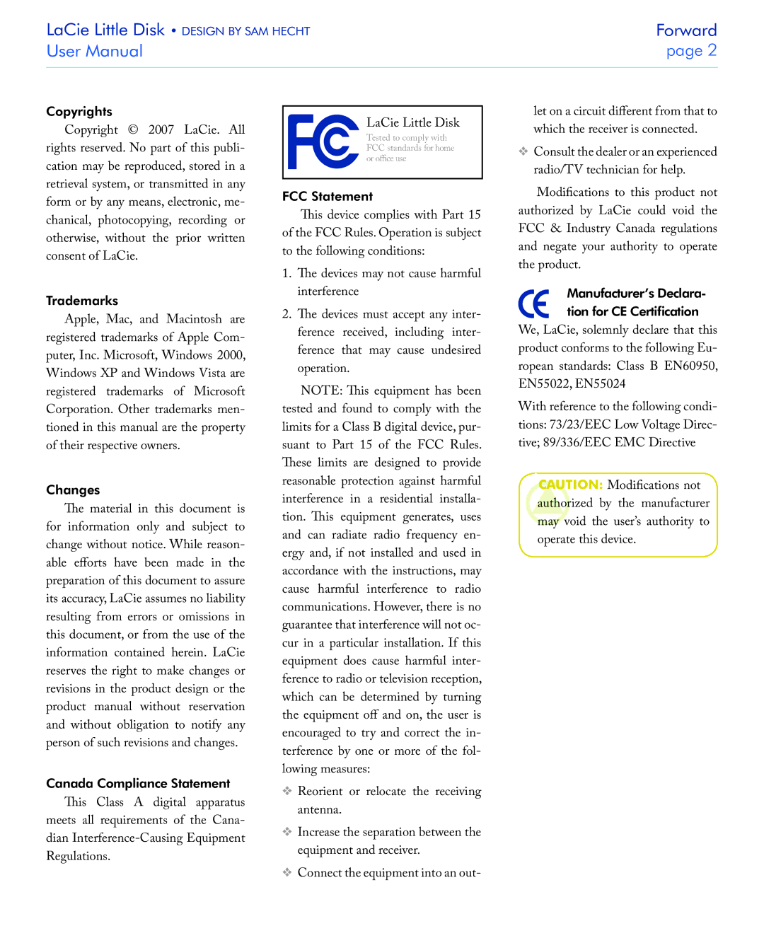 LaCie USB 2.0 Copyrights, Trademarks, Changes, Canada Compliance Statement This Class a digital apparatus, FCC Statement 