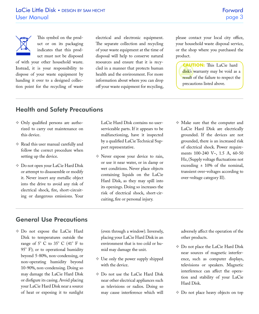 LaCie USB 2.0 user manual Health and Safety Precautions, General Use Precautions 