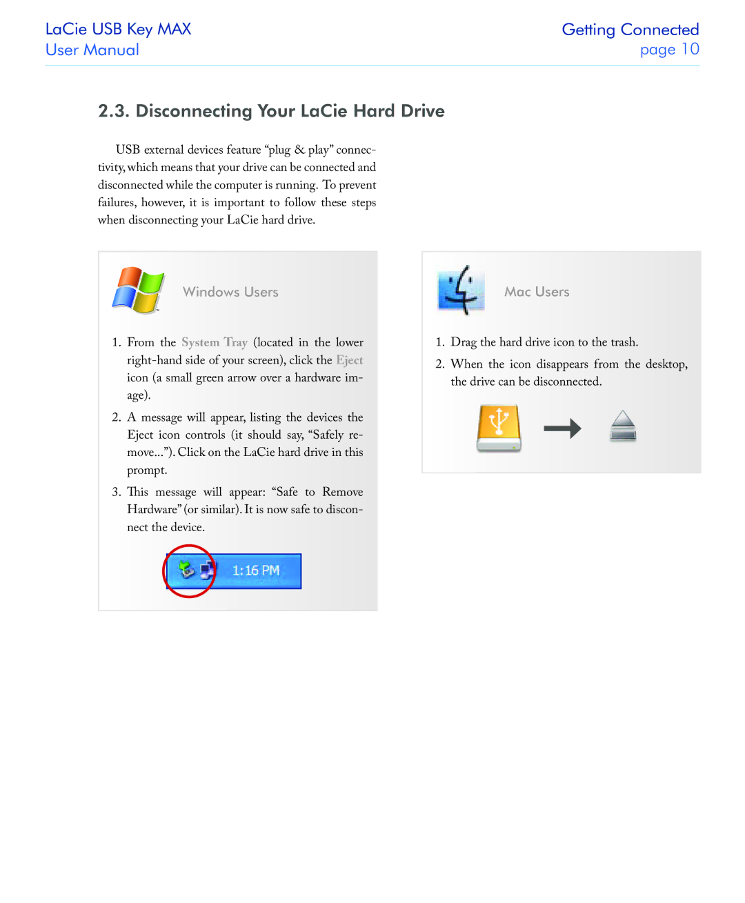 LaCie USB Key MAX user manual Disconnecting Your LaCie Hard Drive, Windows Users 