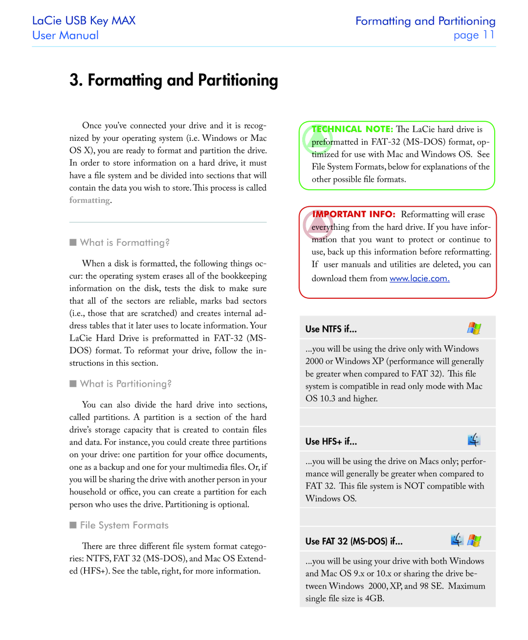 LaCie USB Key MAX user manual Formatting and Partitioning, What is Formatting?, What is Partitioning?, File System Formats 