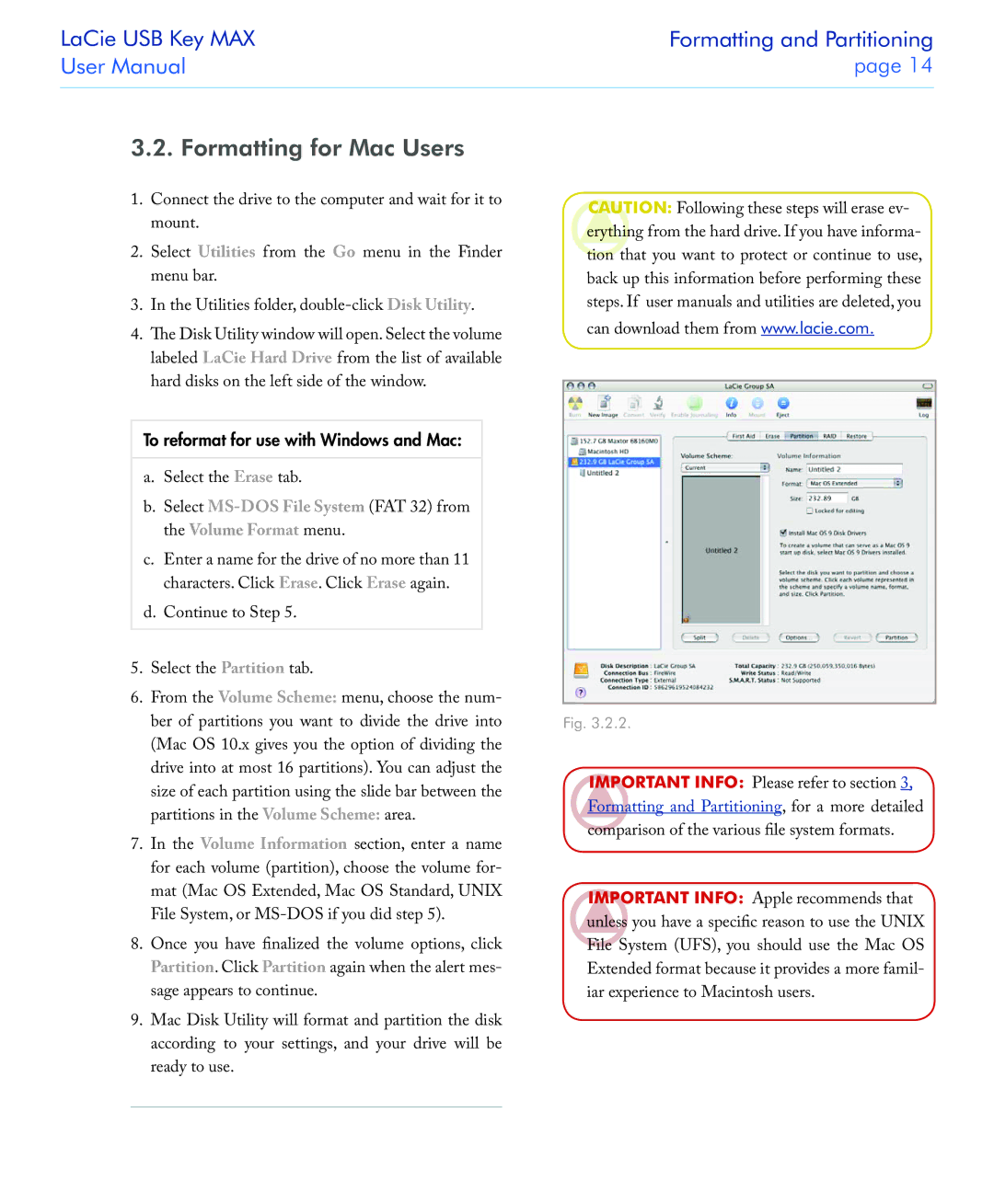 LaCie USB Key MAX user manual Formatting for Mac Users, To reformat for use with Windows and Mac 