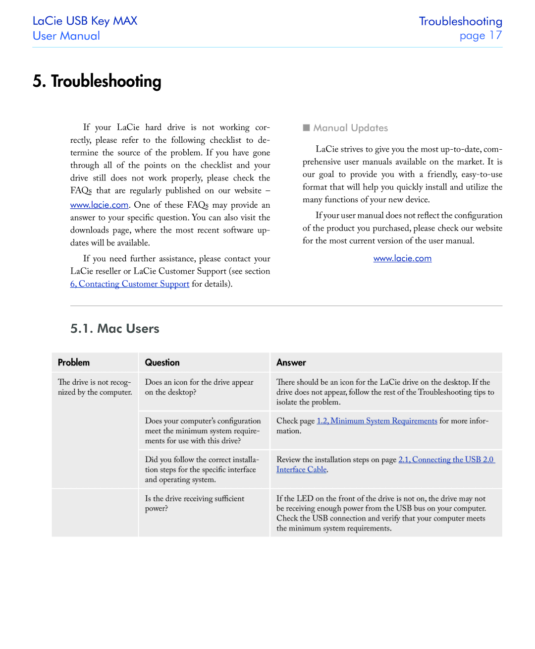 LaCie USB Key MAX user manual Troubleshooting, Mac Users, Manual Updates, Problem Question Answer 