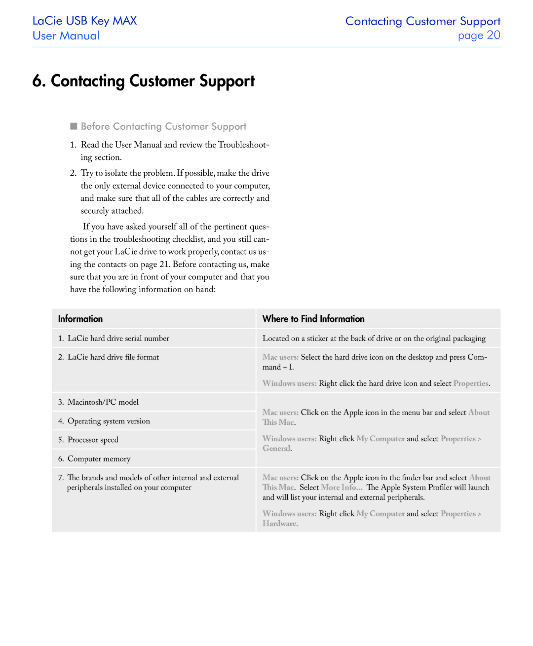 LaCie USB Key MAX user manual Before Contacting Customer Support, Information Where to Find Information 