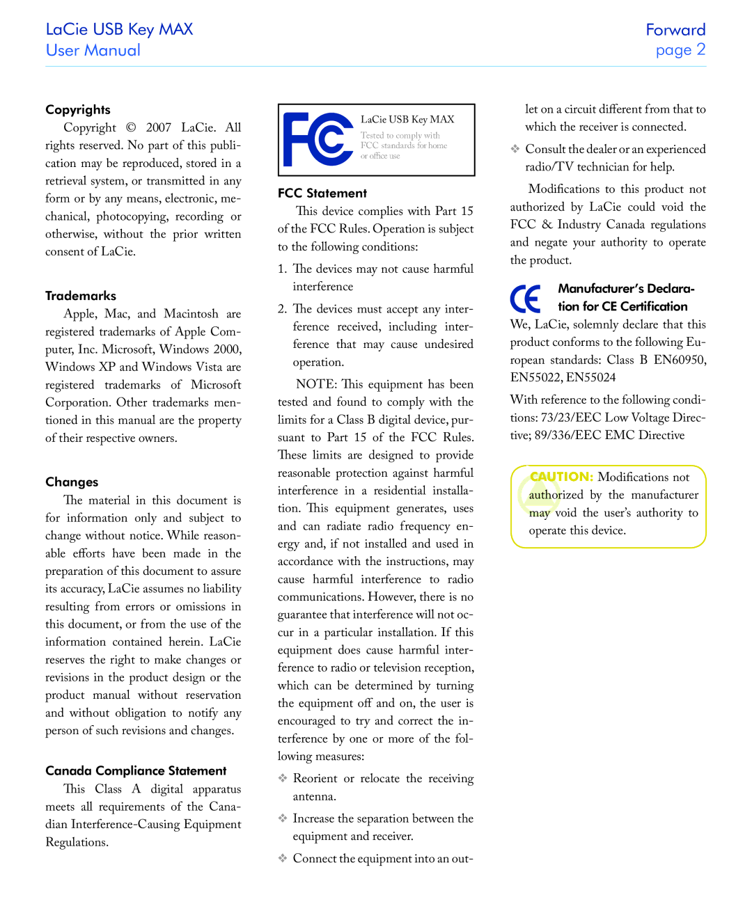 LaCie USB Key MAX user manual Copyrights, Trademarks, Changes, Canada Compliance Statement This Class a digital apparatus 