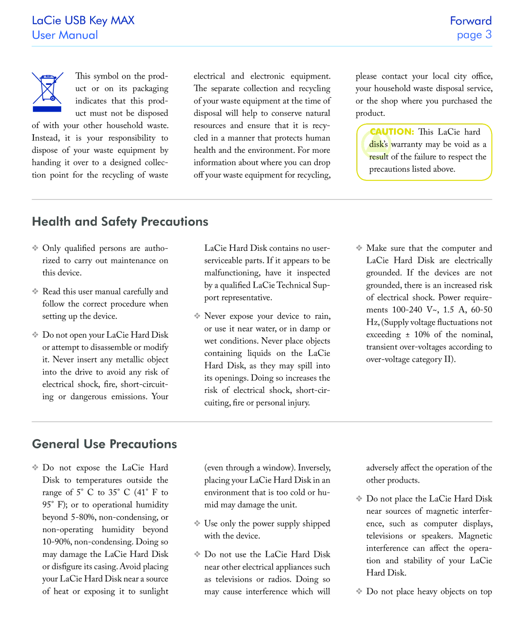 LaCie USB Key MAX user manual Health and Safety Precautions, General Use Precautions 