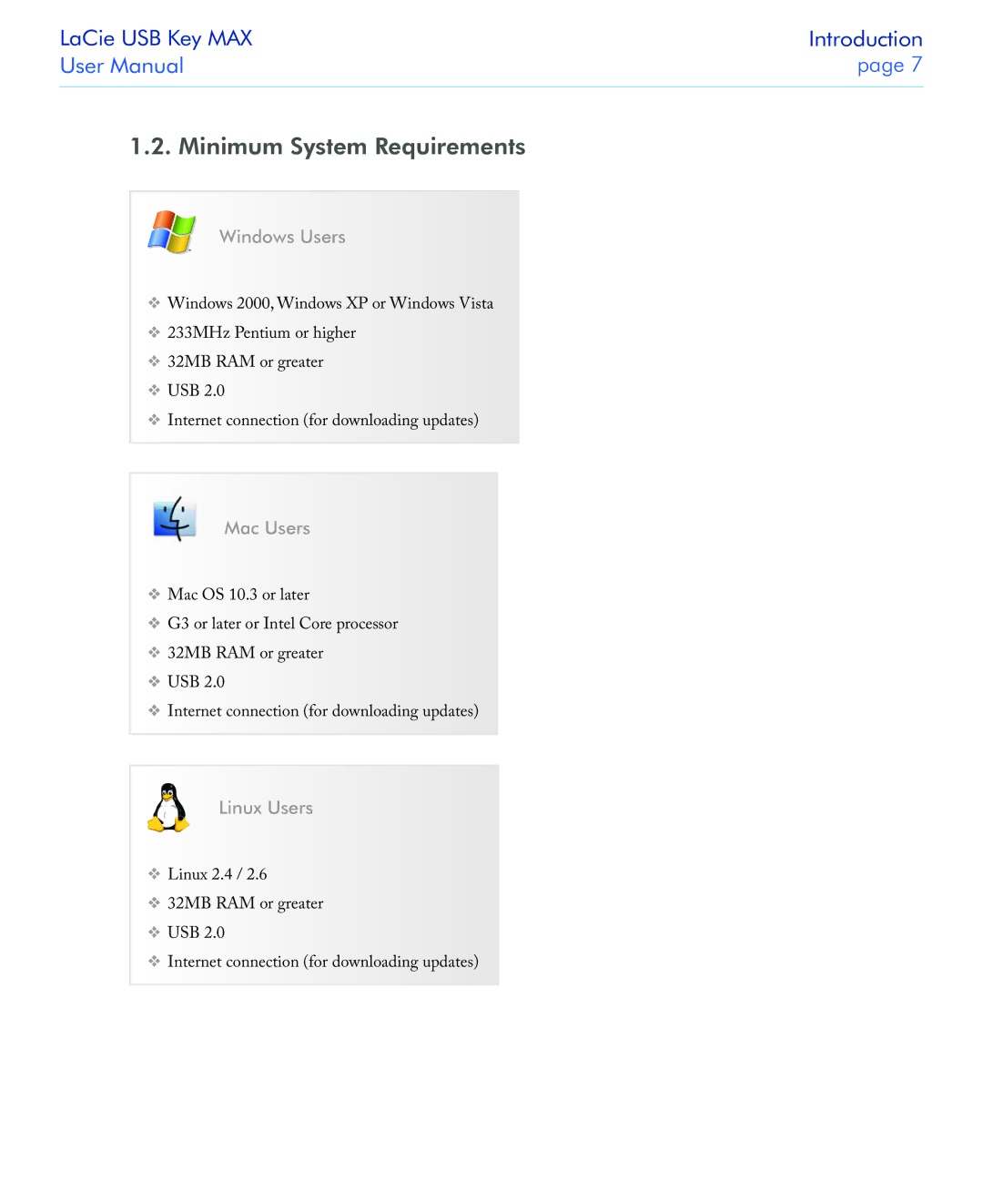 LaCie USB Key MAX user manual Minimum System Requirements, Windows Users, Mac Users, Linux Users 