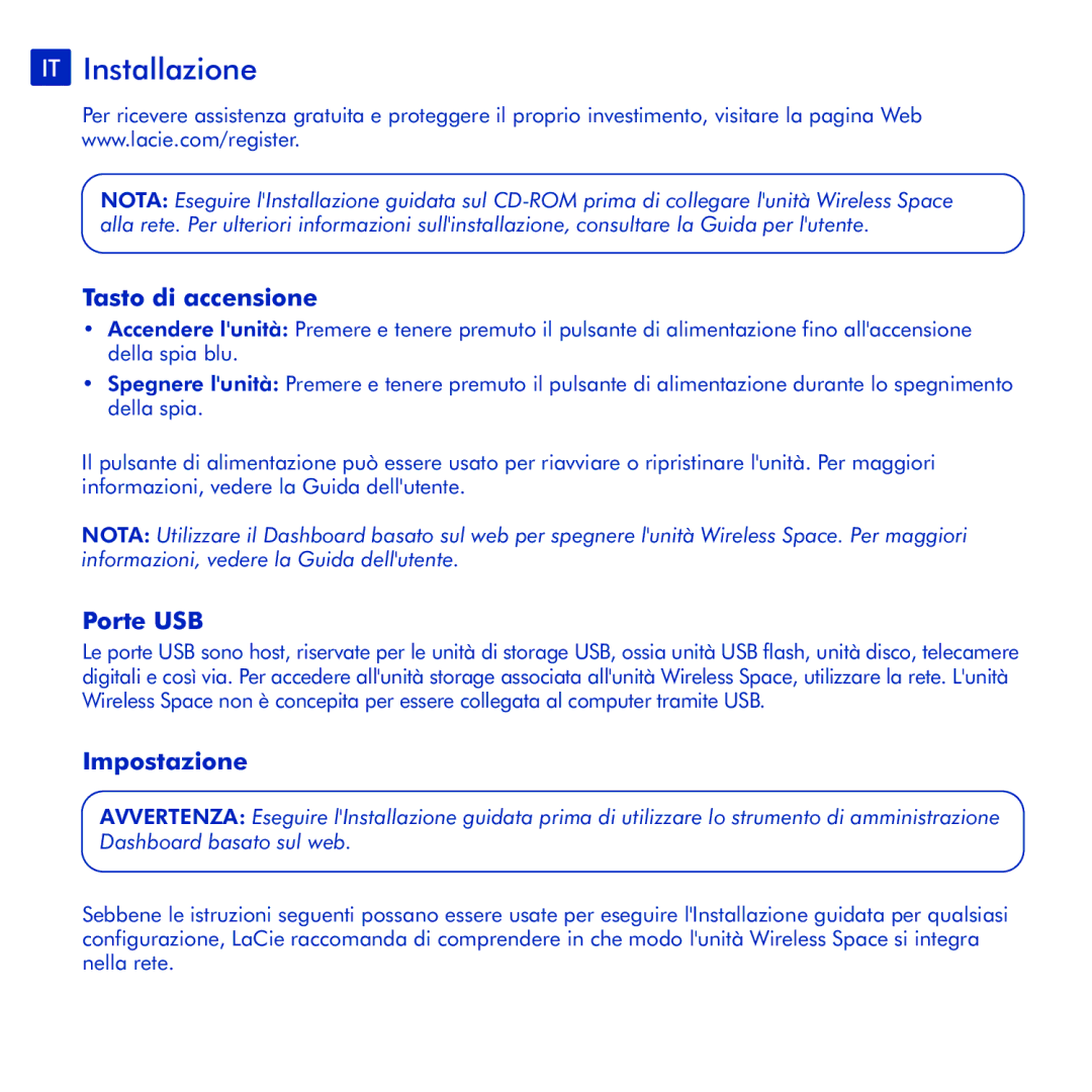 LaCie Wireless Space manual IT Installazione, Tasto di accensione, Porte USB, Impostazione 