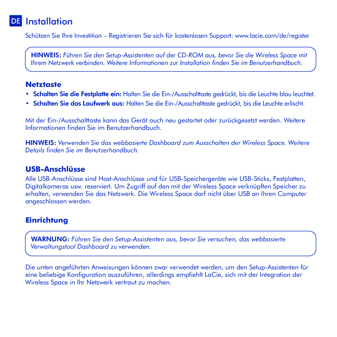 LaCie Wireless Space manual DE Installation, Netztaste, USB-Anschlüsse, Einrichtung 