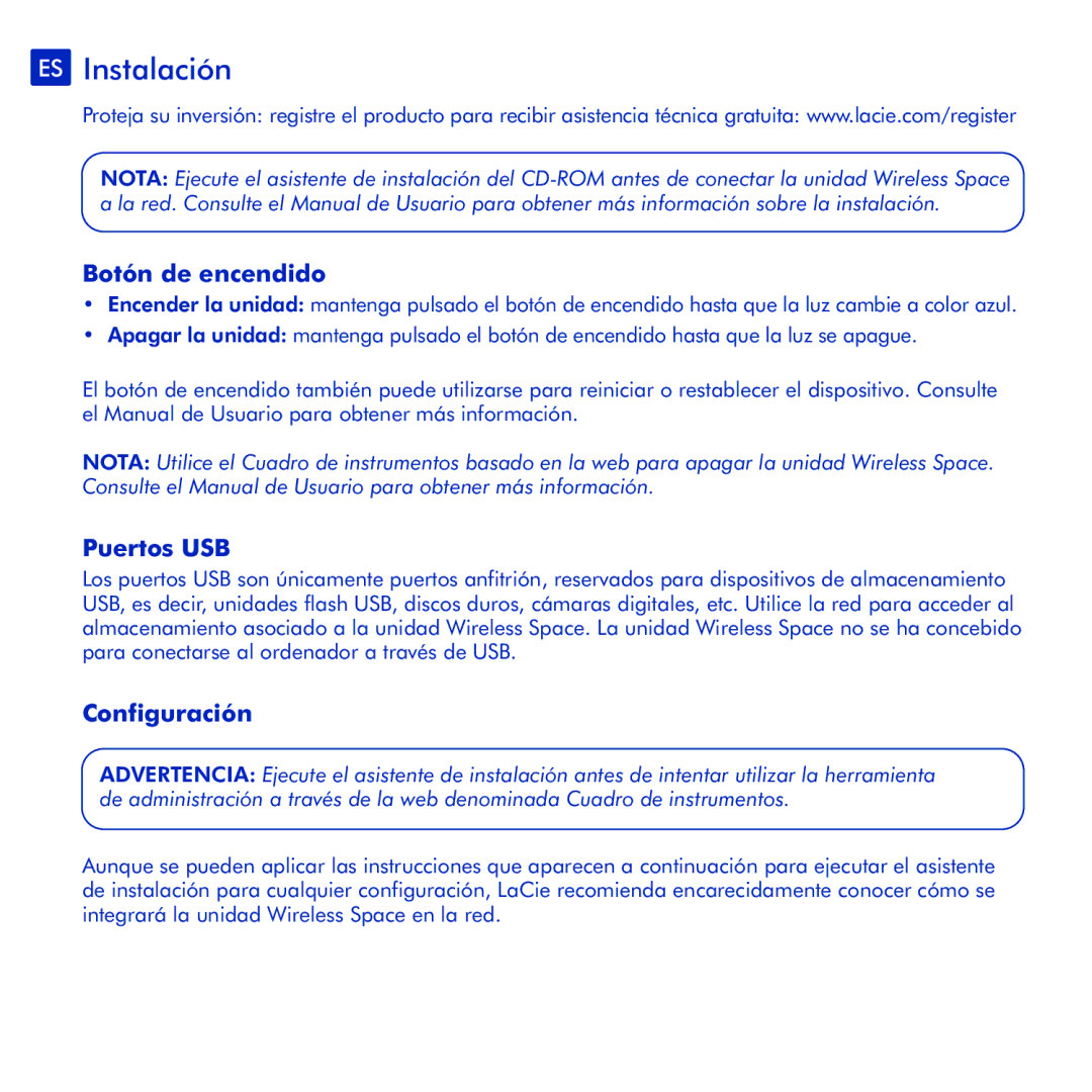 LaCie Wireless Space manual ES Instalación, Botón de encendido, Puertos USB, Configuración 