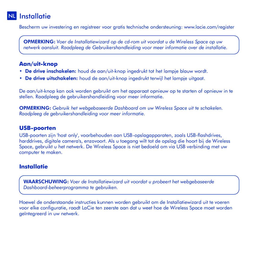 LaCie Wireless Space manual NL Installatie, Aan/uit-knop, USB-poorten 