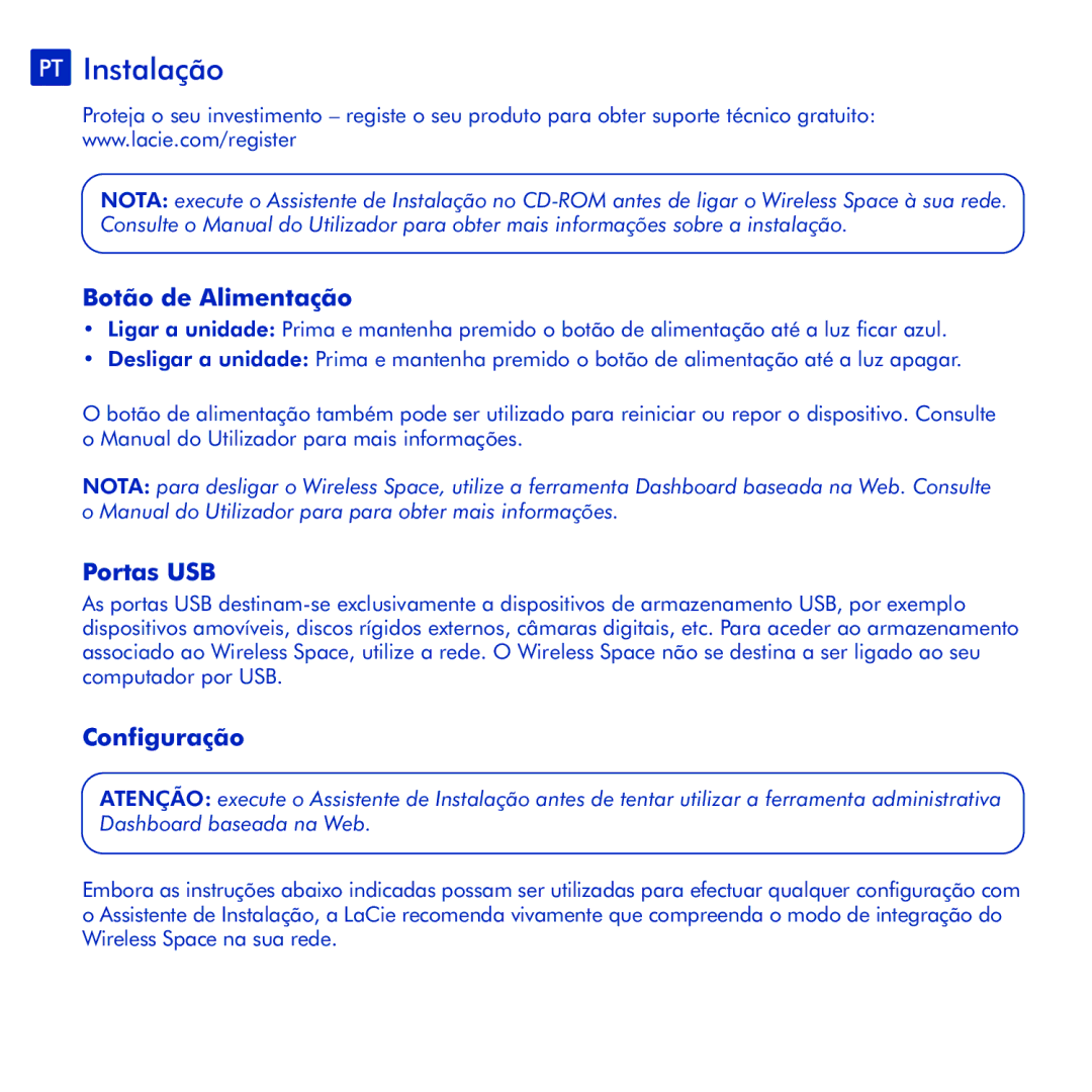 LaCie Wireless Space manual PT Instalação, Botão de Alimentação, Portas USB, Configuração 