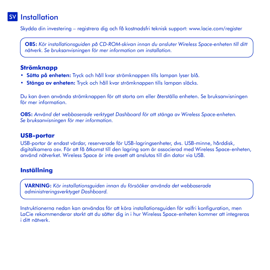 LaCie Wireless Space manual SV Installation, Strömknapp, USB-portar, Inställning 