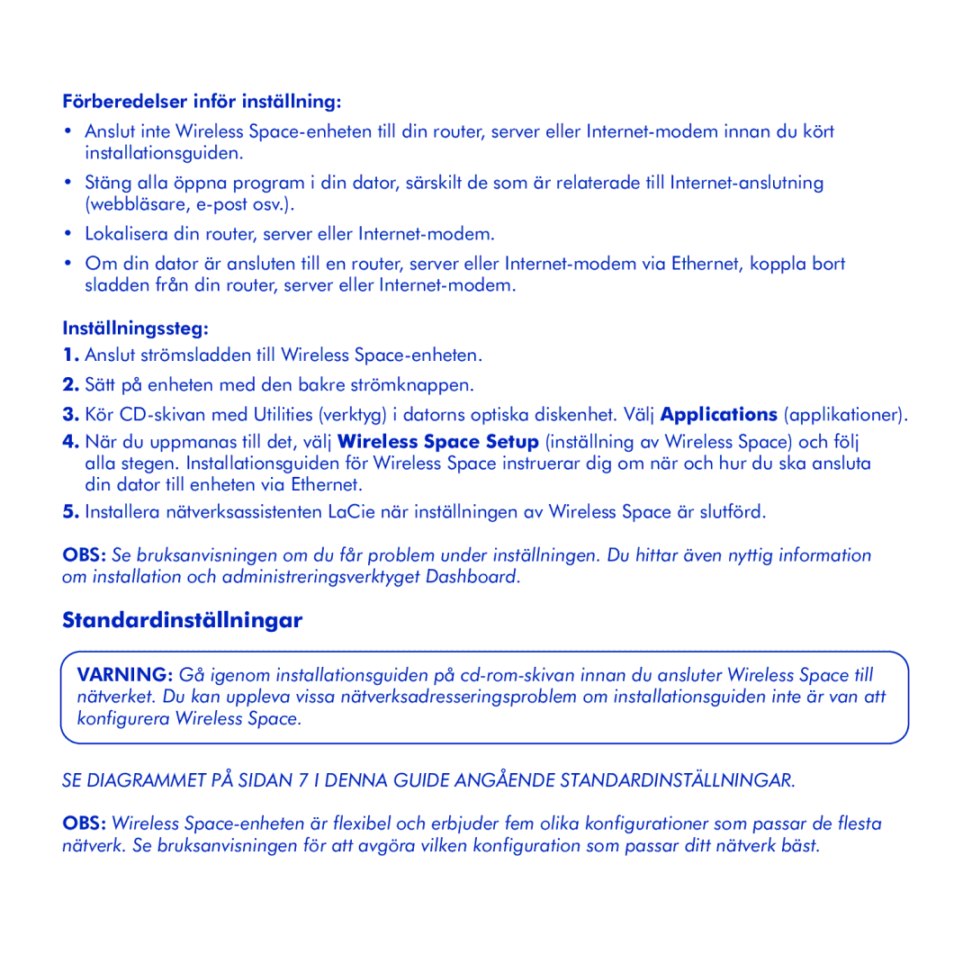 LaCie Wireless Space manual Standardinställningar 