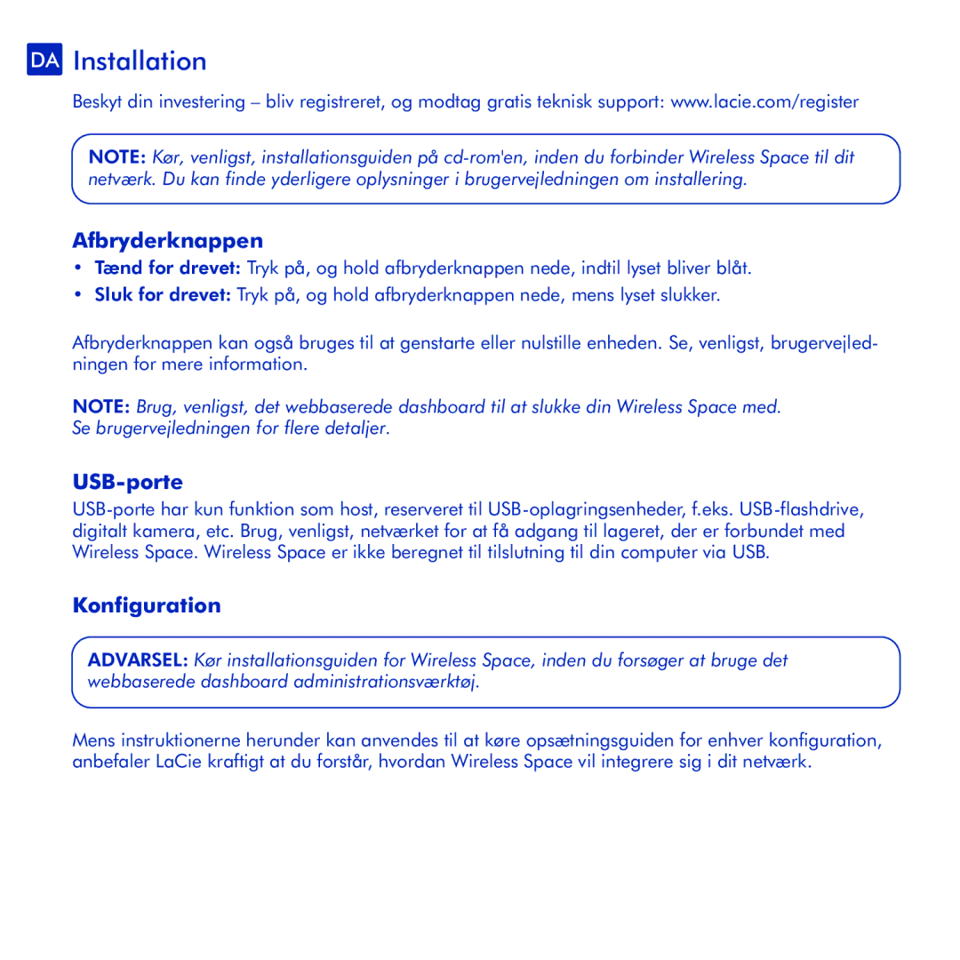 LaCie Wireless Space manual DA Installation, Afbryderknappen, USB-porte, Konfiguration 