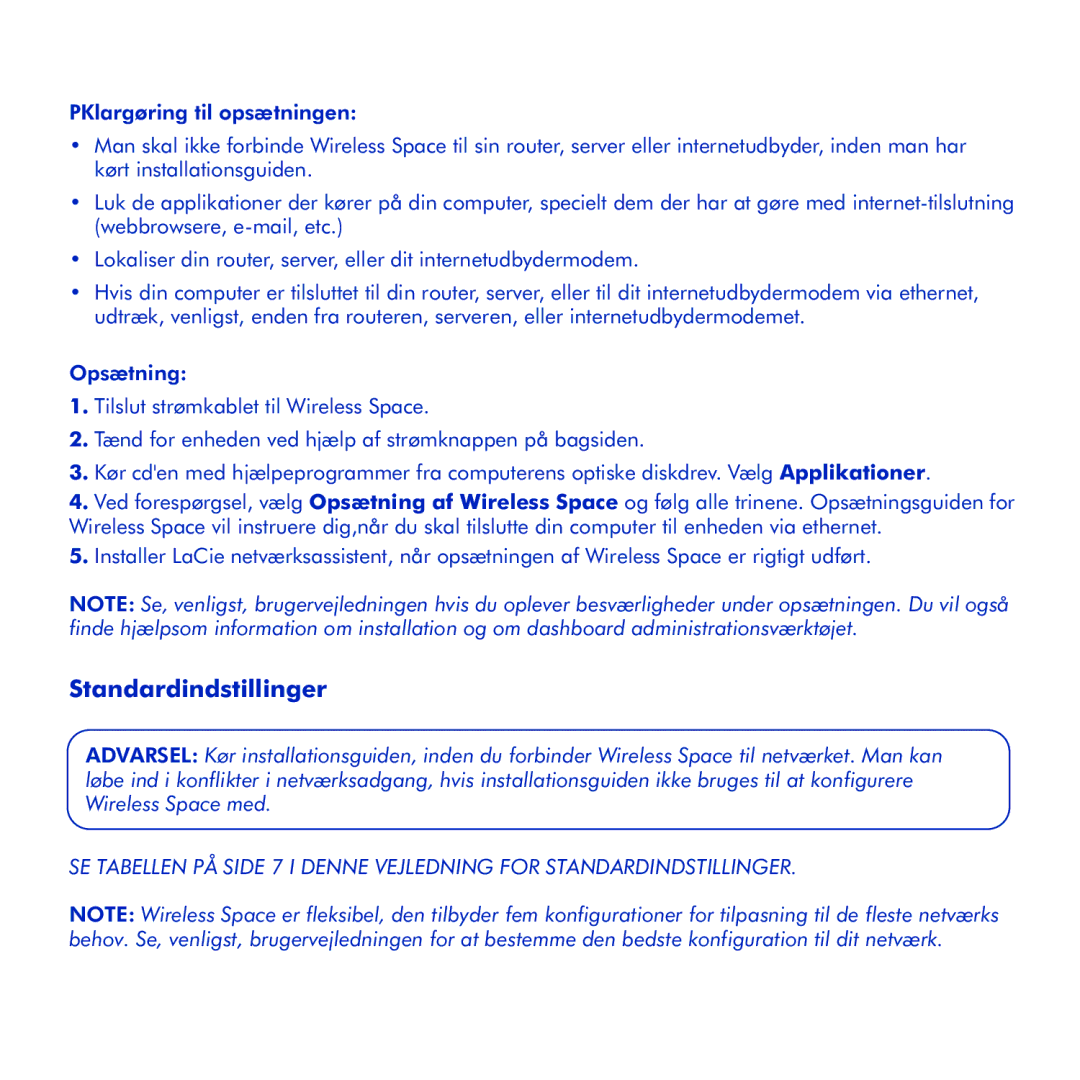 LaCie Wireless Space manual Standardindstillinger 