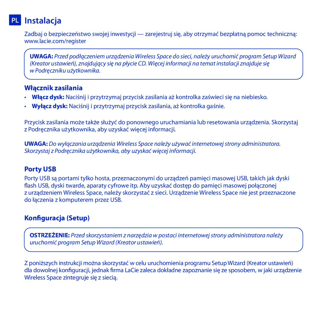 LaCie Wireless Space manual PL Instalacja, Włącznik zasilania, Porty USB, Konguracja Setup 