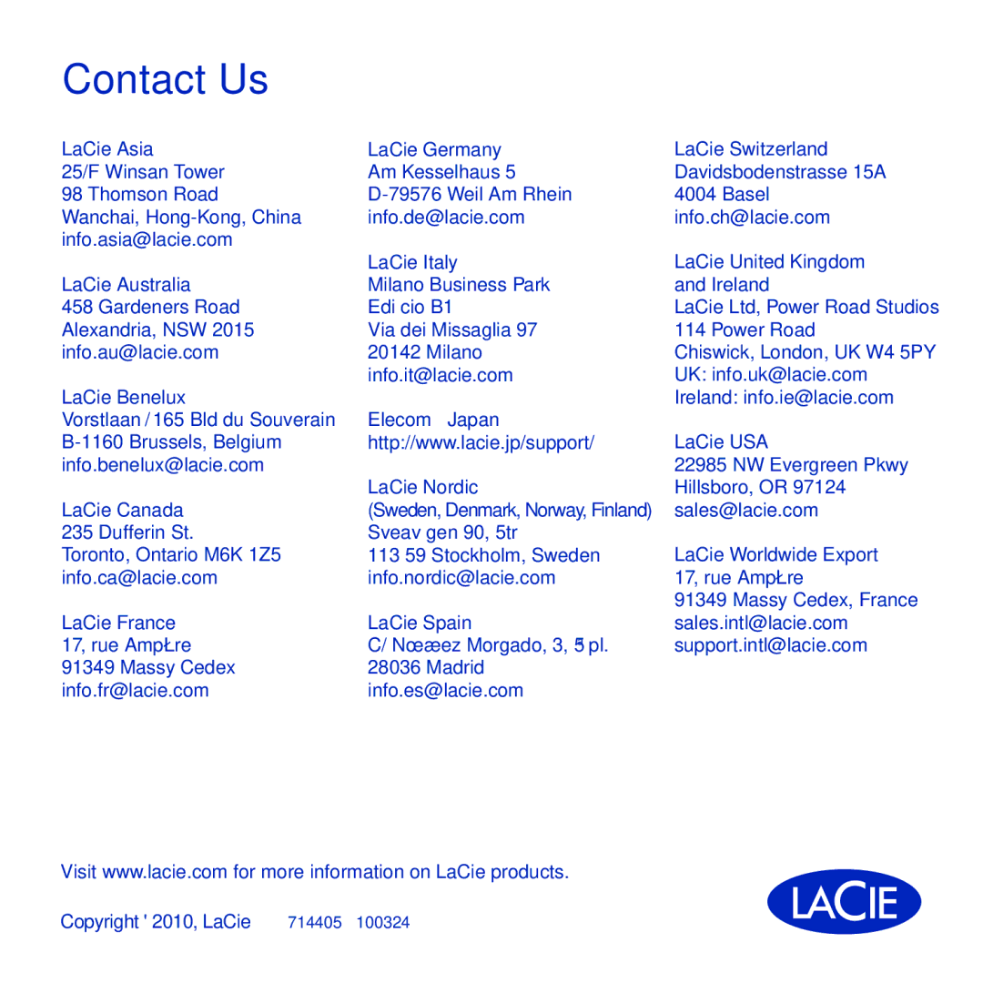 LaCie Wireless Space manual Contact Us 