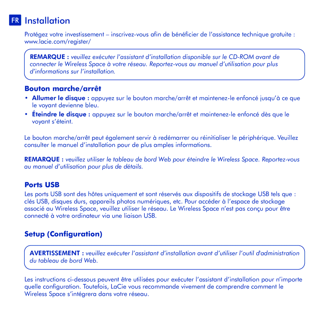 LaCie Wireless Space manual FR Installation, Bouton marche/arrêt, Ports USB, Setup Configuration 