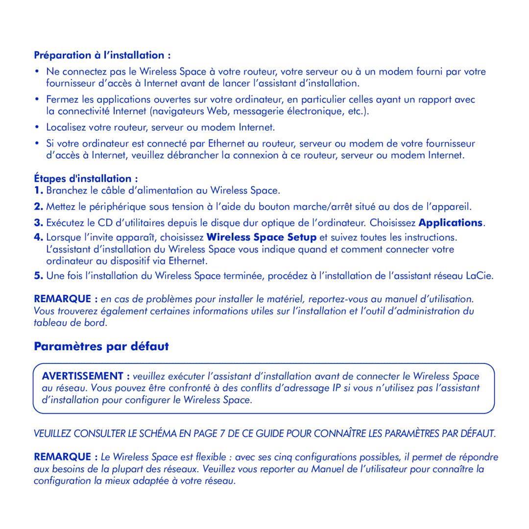 LaCie Wireless Space manual Paramètres par défaut 