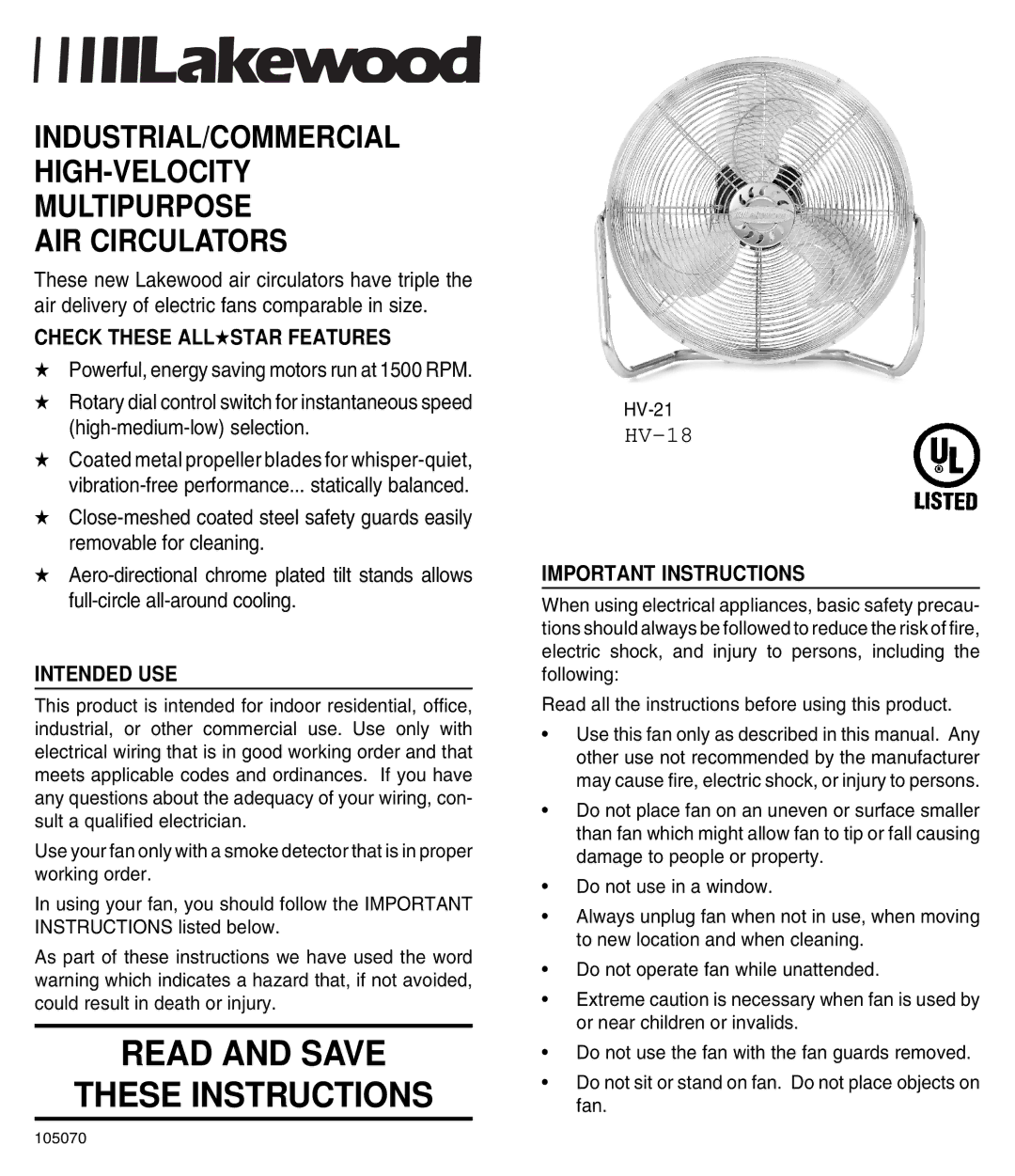 Lakewood Engineering HV-21, HV-18 manual Read and Save These Instructions, Check These Allstar Features, Intended USE 