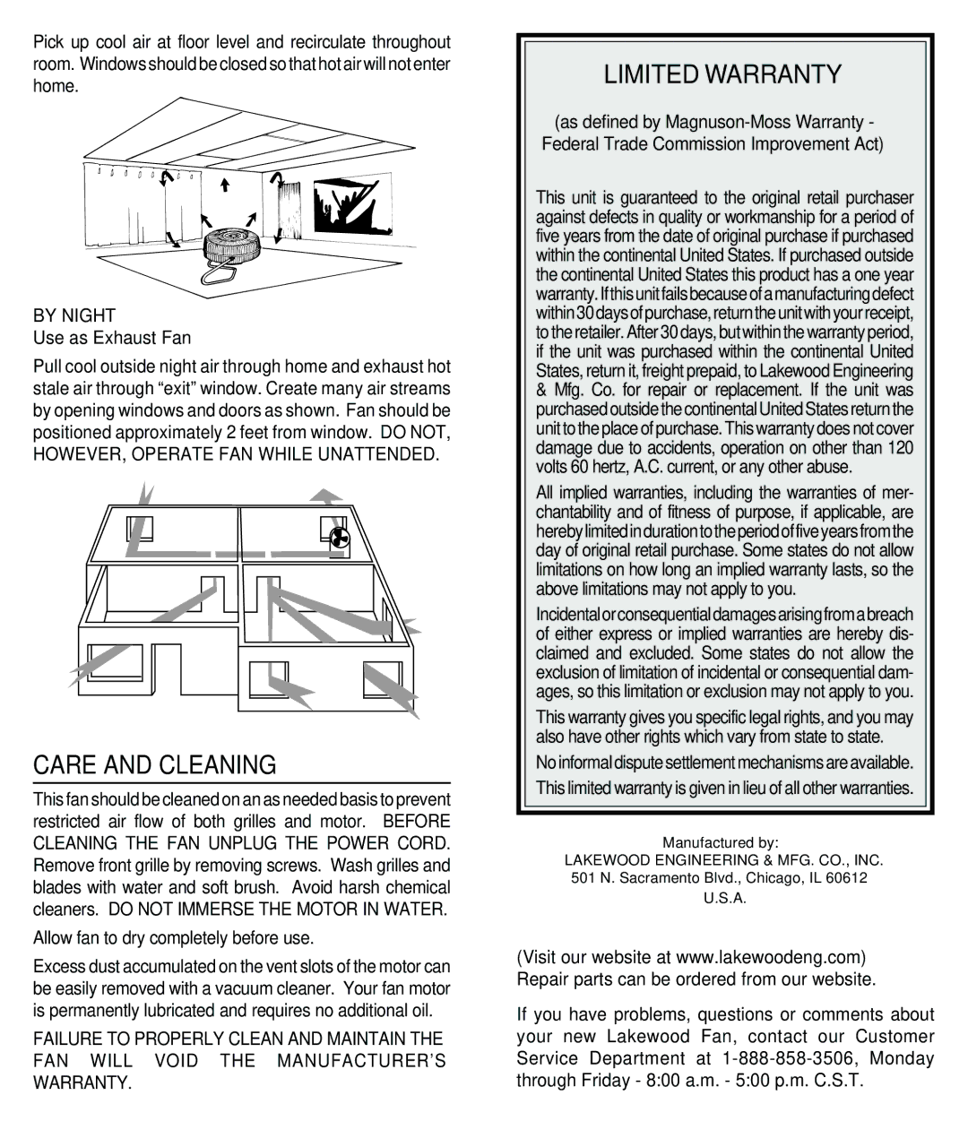 Lakewood Engineering HV-21, HV-18 manual Care and Cleaning, Limited Warranty, By Night, Use as Exhaust Fan 