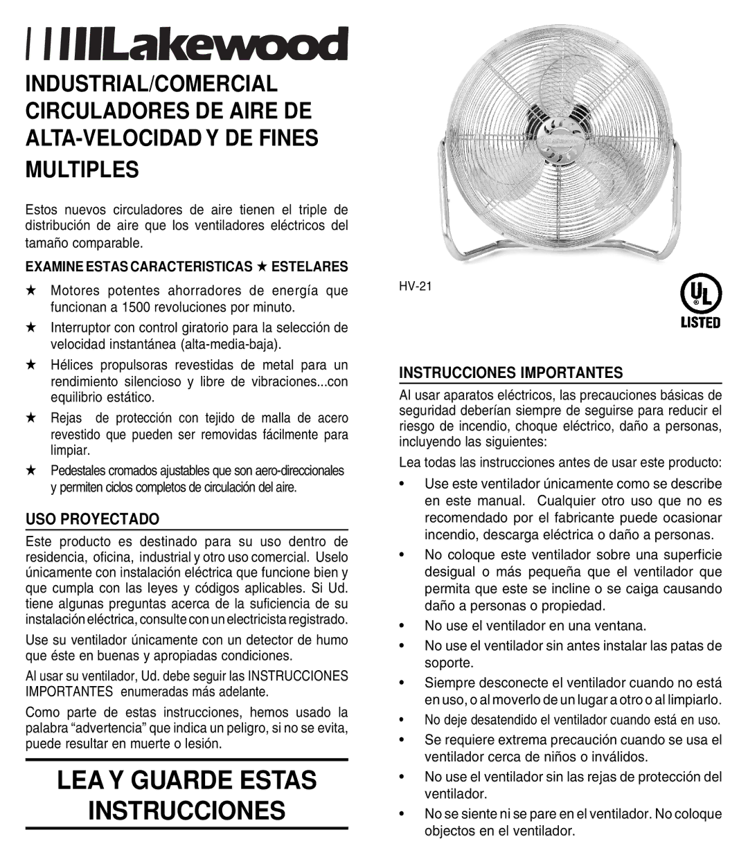 Lakewood Engineering HV-18, HV-21 manual LEA Y Guarde Estas Instrucciones, USO Proyectado, Instrucciones Importantes 