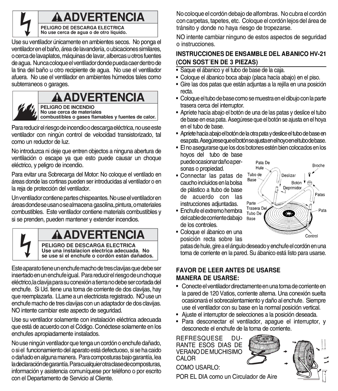 Lakewood Engineering HV-21, HV-18 manual Advertencia, Favor DE Leer Antes DE Usarse Manera DE Usarse 