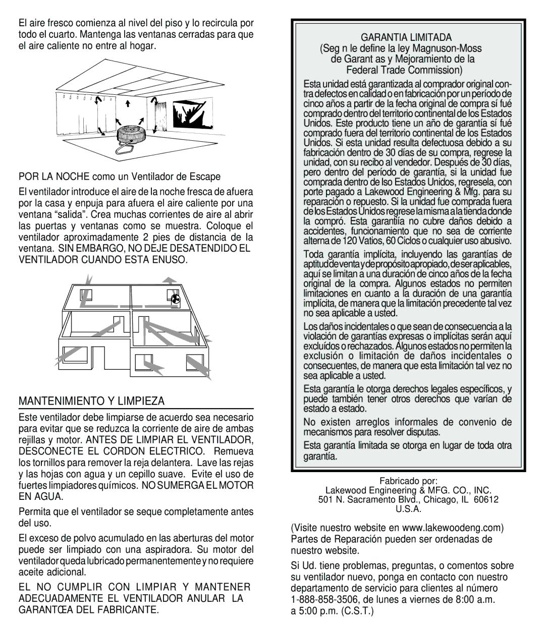 Lakewood Engineering HV-18, HV-21 manual Mantenimiento Y Limpieza, Ventilador Cuando Esta Enuso 